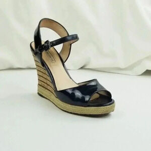 Charles David Size 8 Womens Black Patent Leather Ankle Strap Wedge Heel Peep Toe